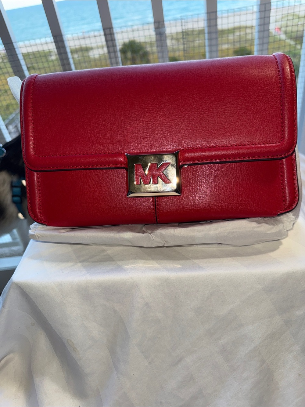 NWT - Michael Kors “Sonia” Bright Red Leather MK Logo Flap Crossbody.